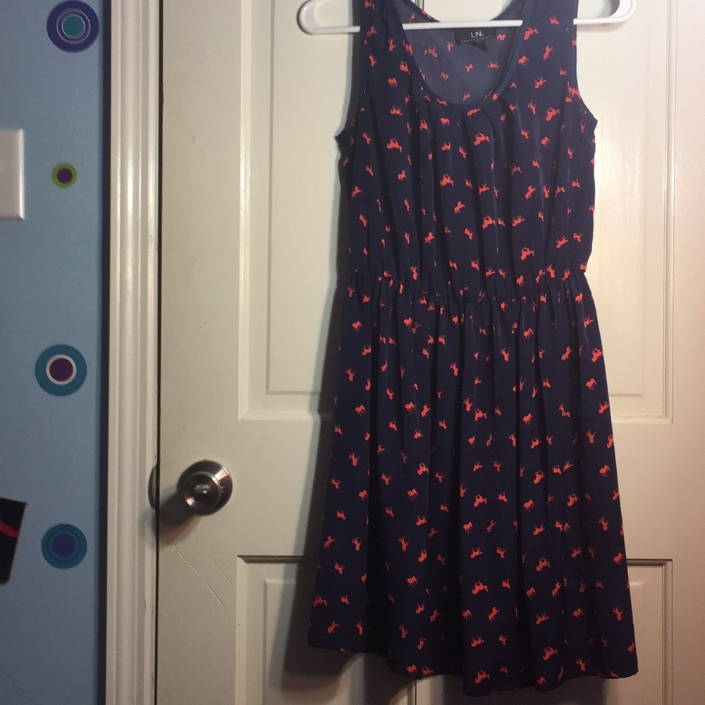 Navy dress with hot pink horses.
